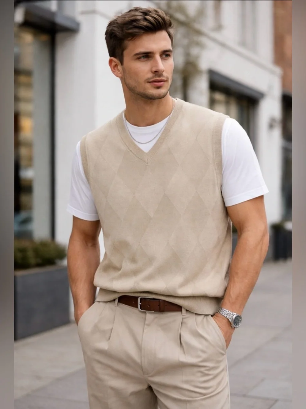 fall 10 Oscar de la Renta Men's V-Neck Sweater Vest Tan Textured Argyle XL
